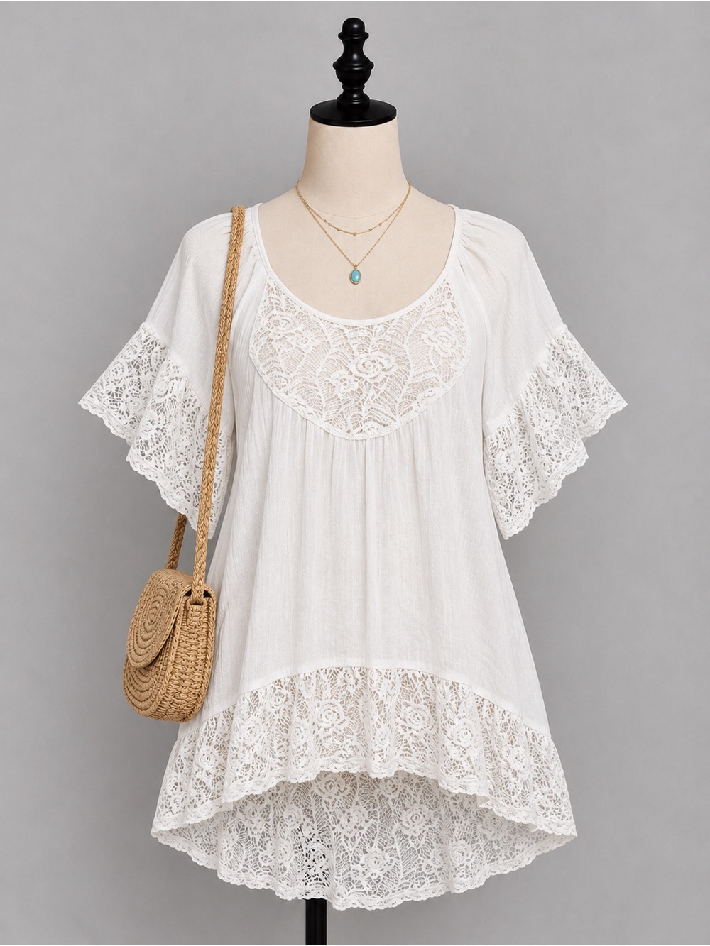 Saint Tropez West White Lace-Trim Boho Tunic/Dress